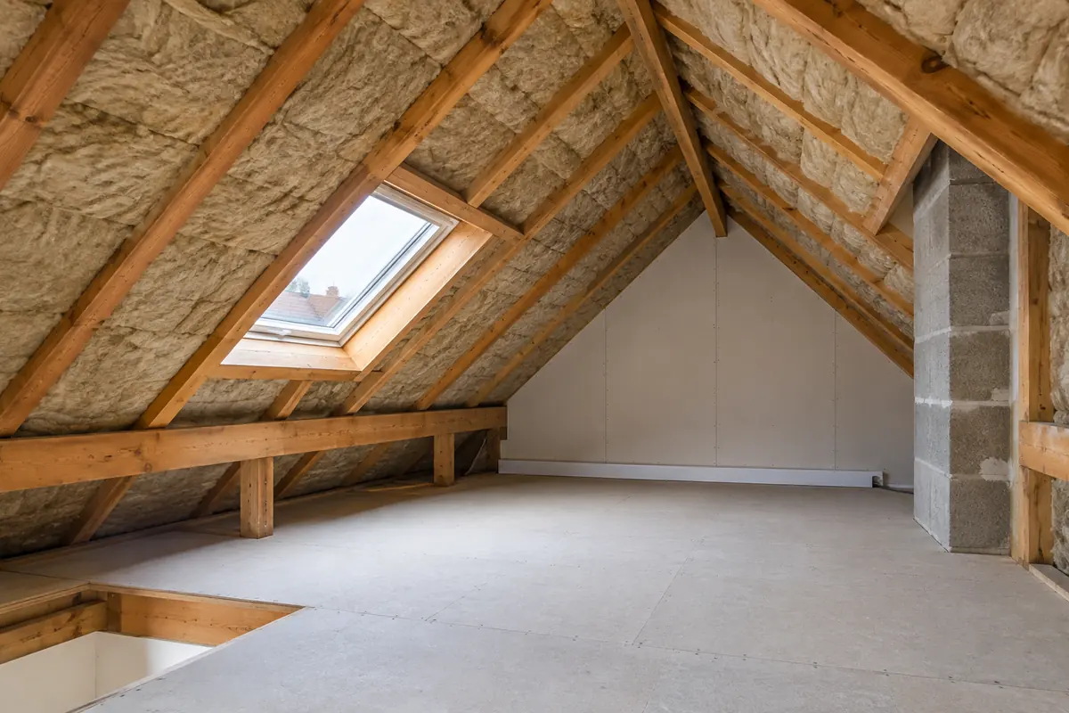 Combles sous toiture avec isolant visible entre les chevrons